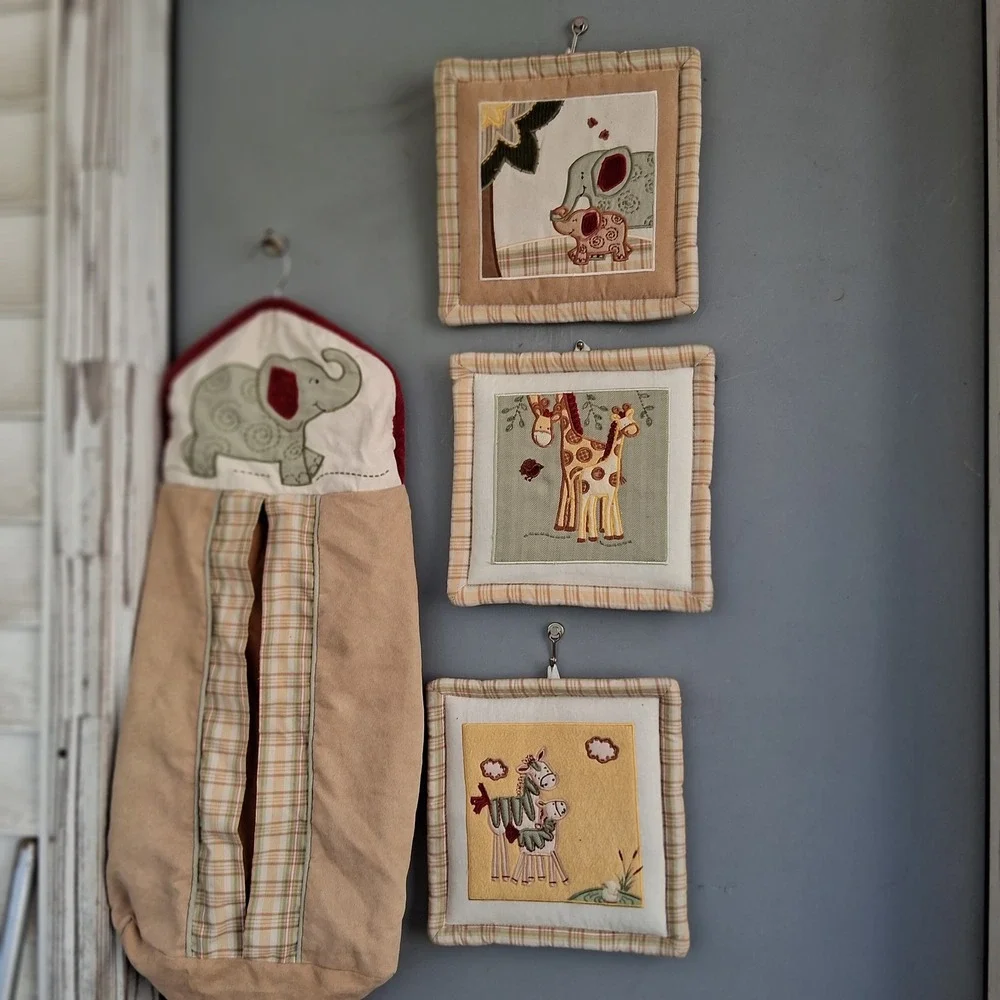 Kids Line Safari Animal Nursery Decor Set Diaper Stacker and 3 Wall Hangings